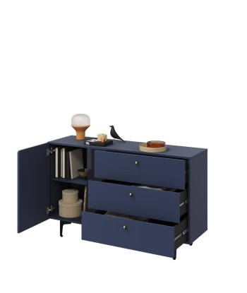 Commode en bois clair avec 1 porte et 3 tiroirs, Coloris Small CS 04, Bleu marine mat / Noir, L138xl41xH84 cm Venez découvrir notre 