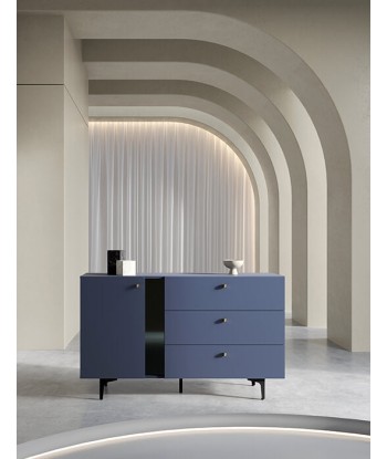 Commode en bois clair avec 1 porte et 3 tiroirs, Coloris Small CS 04, Bleu marine mat / Noir, L138xl41xH84 cm Venez découvrir notre 