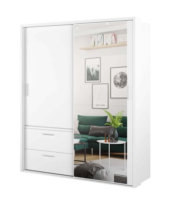 Armoire en bois clair, avec 2 portes coulissantes, 2 tiroirs et miroir Arti 22, Blanc Mat, L180xW63xH215 cm destockage