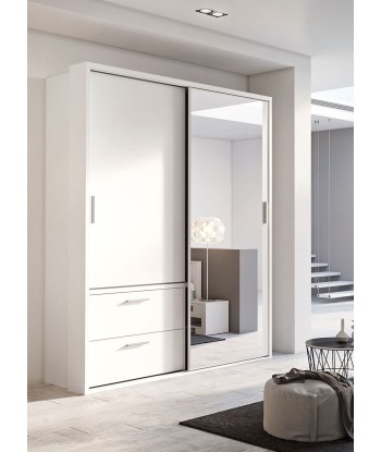 Armoire en bois clair, avec 2 portes coulissantes, 2 tiroirs et miroir Arti 22, Blanc Mat, L180xW63xH215 cm destockage