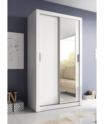 Armoire en bois clair, avec 2 portes coulissantes et miroir Arti 06, Blanc Mat, L120xP60xH215 cm chez Cornerstreet bien 