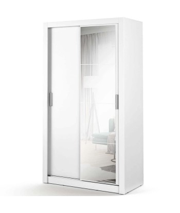 Armoire en bois clair, avec 2 portes coulissantes et miroir Arti 06, Blanc Mat, L120xP60xH215 cm chez Cornerstreet bien 