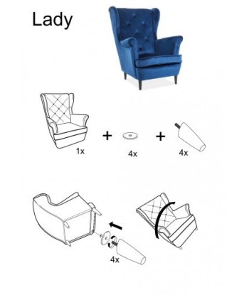 Fauteuil fixe tapissé de tissu et pieds en bois Lady Velvet Bleu foncé, l75xA85xH101 cm le des métaux précieux