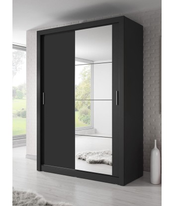 Armoire en bois clair, avec 2 portes coulissantes et miroir Arti 04, Noir Mat, L150xP60xH215 cm les ligaments