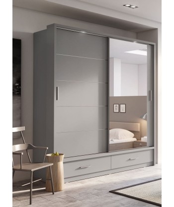 Armoire en bois clair, avec 2 portes coulissantes, 2 tiroirs et miroir Arti 05, Gris Mat, L200xL63xH215 cm la chaussure