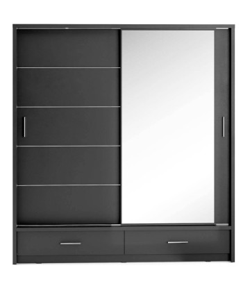 Armoire en bois clair, avec 2 portes coulissantes, 2 tiroirs et miroir Arti 05, Noir Mat, L200xL63xH215 cm des créatures d'habitude