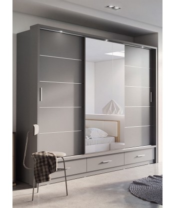 Armoire en bois clair, avec 3 portes coulissantes, 3 tiroirs et miroir Arti 01, Gris Mat, L250xL63xH215 cm 2023