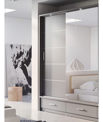 Armoire en bois clair, avec 3 portes coulissantes, 3 tiroirs et miroir Arti 01, Gris Mat, L250xL63xH215 cm 2023