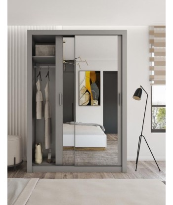 Armoire en bois clair avec 2 portes coulissantes et miroir Idea 17, Gris mat, L150xP60xH215 cm de France