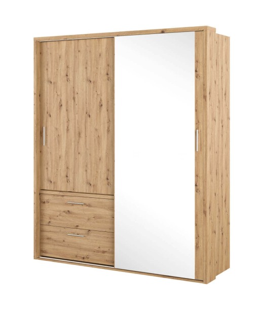 Armoire en bois clair, avec 2 portes coulissantes, 2 tiroirs et miroir Arti 22, Chêne Artisanal, L180xW63xH215 cm commande en ligne