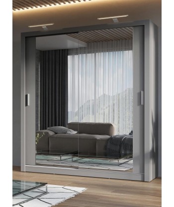 Armoire en bois clair avec 2 portes coulissantes et miroir Idea 16, Gris Mat, L200xP60xH215 cm plus qu'un jeu 