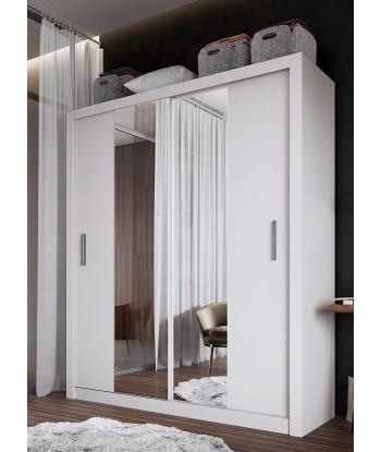 Armoire en bois clair avec 2 portes coulissantes et miroir Idea 03, Blanc mat, L180xP60xH215 cm votre