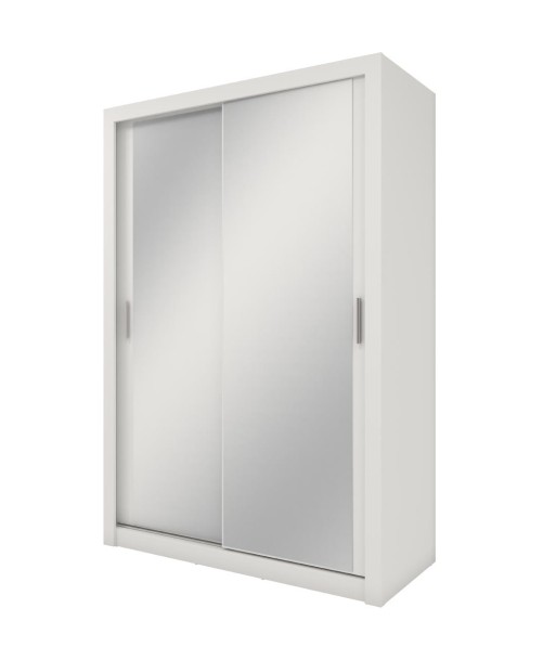 Armoire en bois clair avec 2 portes coulissantes et miroir Idea 17, Blanc mat, L150xP60xH215 cm Les magasins à Paris et en Île-de-France