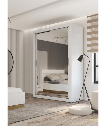 Armoire en bois clair avec 2 portes coulissantes et miroir Idea 17, Blanc mat, L150xP60xH215 cm Les magasins à Paris et en Île-de-France