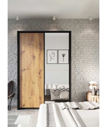 Armoire en bois clair, avec 2 portes coulissantes et miroir Arti 21, Chêne Artisan / Noir, L160xW57xH218 cm store