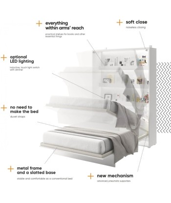 Lit Escamotable au mur, avec mécanisme pneumatique et cadre de lit inclus, Bed Concept Horizontal, Blanc Brillant pas chere