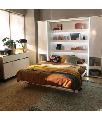 Lit Escamotable au mur, avec mécanisme pneumatique, système LED et cadre de lit inclus, Bed Concept Vertical, Blanc Mat Pour