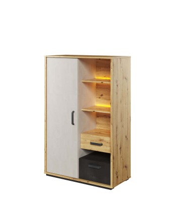 Armoire en bois clair, avec 1 porte, 2 tiroirs et LED incluses, pour enfants et jeunes, Qubic 05, Chêne Artisan / Noir / Gris, L90xW42xH138 cm 2023