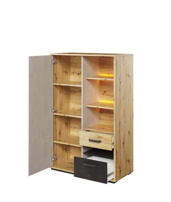 Armoire en bois clair, avec 1 porte, 2 tiroirs et LED incluses, pour enfants et jeunes, Qubic 05, Chêne Artisan / Noir / Gris, L90xW42xH138 cm 2023