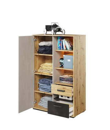 Armoire en bois clair, avec 1 porte, 2 tiroirs et LED incluses, pour enfants et jeunes, Qubic 05, Chêne Artisan / Noir / Gris, L90xW42xH138 cm 2023