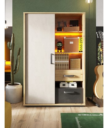 Armoire en bois clair, avec 1 porte, 2 tiroirs et LED incluses, pour enfants et jeunes, Qubic 05, Chêne Artisan / Noir / Gris, L90xW42xH138 cm 2023