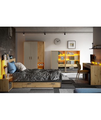 Armoire en bois clair, avec 1 porte, 2 tiroirs et LED incluses, pour enfants et jeunes, Qubic 05, Chêne Artisan / Noir / Gris, L90xW42xH138 cm 2023