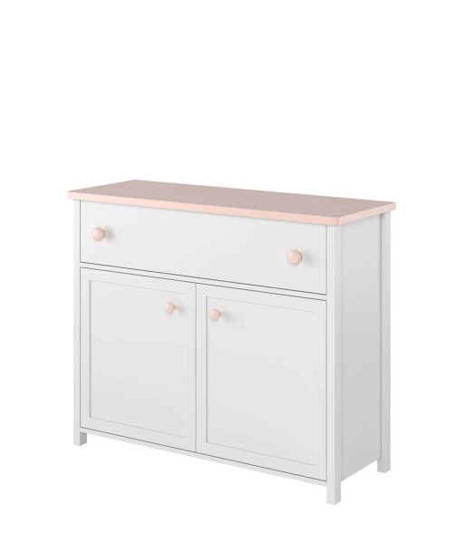 Commode en bois clair, avec 2 portes et 1 tiroir pour enfants et jeunes, Luna 05, Blanc / Rose, L110xW42xH90 cm en stock