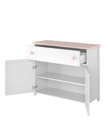 Commode en bois clair, avec 2 portes et 1 tiroir pour enfants et jeunes, Luna 05, Blanc / Rose, L110xW42xH90 cm en stock