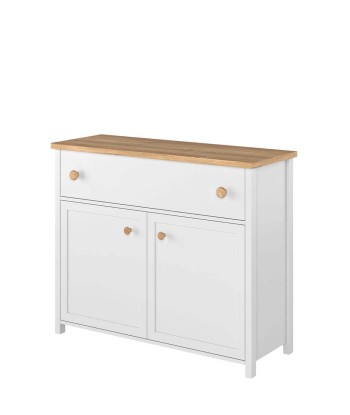 Commode en bois, avec 2 portes et 1 tiroir pour enfants et jeunes Story 05, Blanc/Chêne, l110xL42xH90 cm de pas cher