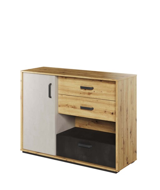 Commode en bois clair, avec 1 porte et 3 tiroirs, pour enfants et jeunes, Qubic 07, Chêne Artisan / Noir / Gris, L120xW42xH90 cm Jusqu'à 80% De Réduction