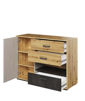 Commode en bois clair, avec 1 porte et 3 tiroirs, pour enfants et jeunes, Qubic 07, Chêne Artisan / Noir / Gris, L120xW42xH90 cm Jusqu'à 80% De Réduction