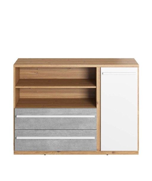 Commode en bois, avec 1 porte et 2 tiroirs, pour enfants et jeunes, Plano 05, Chêne / Gris / Blanc, L125xW41xH91 cm suggérées chez