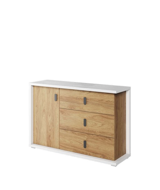 Commode en bois avec 1 porte et 3 tiroirs, pour enfants et jeunes, Simi 05, Naturel / Blanc, L135xW41xH90 cm Véritable concentré