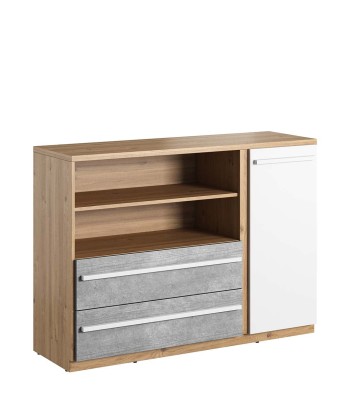 Commode en bois, avec 1 porte et 2 tiroirs, pour enfants et jeunes, Plano 05, Chêne / Gris / Blanc, L125xW41xH91 cm suggérées chez