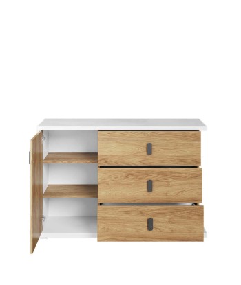 Commode en bois avec 1 porte et 3 tiroirs, pour enfants et jeunes, Simi 05, Naturel / Blanc, L135xW41xH90 cm Véritable concentré