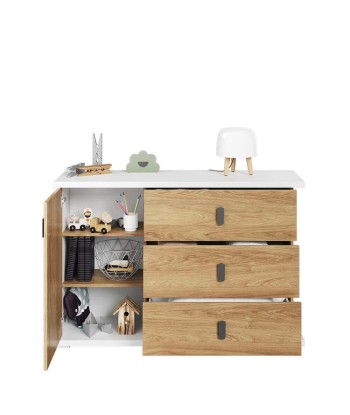 Commode en bois avec 1 porte et 3 tiroirs, pour enfants et jeunes, Simi 05, Naturel / Blanc, L135xW41xH90 cm Véritable concentré