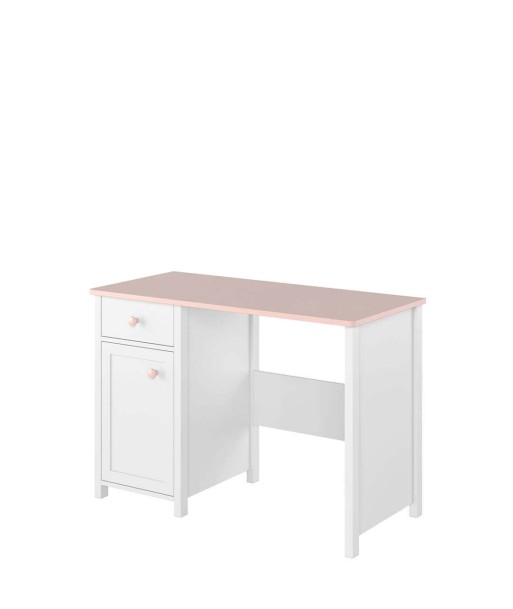 Table de bureau en bois, avec 1 tiroir et 1 porte, pour enfants et jeunes, Luna 03, Blanc/Rose, L110x52xH76 cm pas cher 