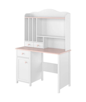 Table de bureau en bois, avec 1 tiroir et 1 porte, pour enfants et jeunes, Luna 03, Blanc/Rose, L110x52xH76 cm pas cher 