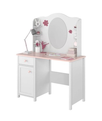 Table de bureau en bois, avec 1 tiroir et 1 porte, pour enfants et jeunes, Luna 03, Blanc/Rose, L110x52xH76 cm pas cher 