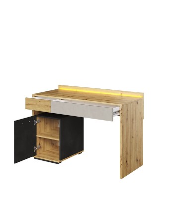 Table de bureau pâle, avec 1 porte, 2 tiroirs et LED incluses, pour enfants et jeunes, Qubic 08, Artisan Chêne/Noir/Gris, L120x53xH82 cm à prix réduit toute l'année