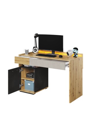 Table de bureau pâle, avec 1 porte, 2 tiroirs et LED incluses, pour enfants et jeunes, Qubic 08, Artisan Chêne/Noir/Gris, L120x53xH82 cm à prix réduit toute l'année