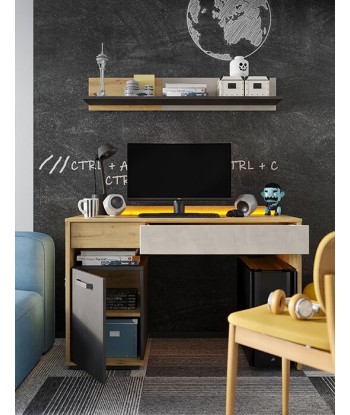 Table de bureau pâle, avec 1 porte, 2 tiroirs et LED incluses, pour enfants et jeunes, Qubic 08, Artisan Chêne/Noir/Gris, L120x53xH82 cm à prix réduit toute l'année