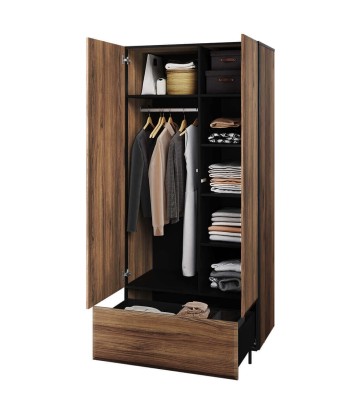 Armoire en bois, avec 2 portes et 1 tiroir, Borga 01, Chêne Catane / Noir, L90xW51xH197 cm en linge