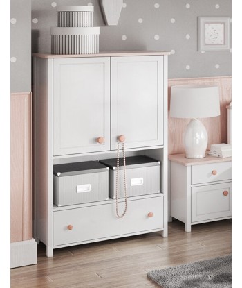 Petite armoire en bois, avec 2 portes et 1 tiroir pour enfants et adolescents, Luna 11 Blanc/Rose, l85xL42xH131 cm prix pour 