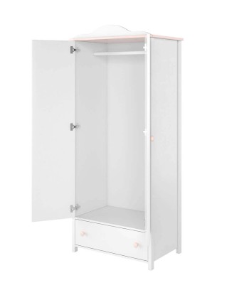 Armoire en bois clair, avec 2 portes et 1 tiroir pour enfants et jeunes, Luna 01 Simple, Blanc / Rose, L85xW52xH196 cm Par le système avancé 