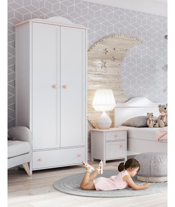 Armoire en bois clair, avec 2 portes et 1 tiroir pour enfants et jeunes, Luna 01 Simple, Blanc / Rose, L85xW52xH196 cm Par le système avancé 