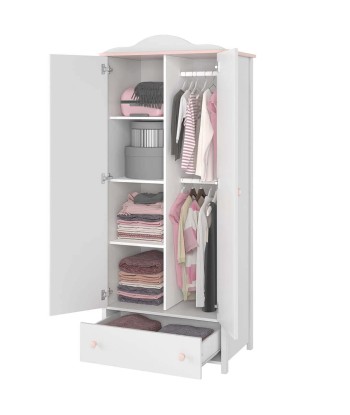 Armoire en bois clair, avec 2 portes et 1 tiroir pour enfants et adolescents, Luna 12 Blanc/Rose, l85xL52xH196 cm outlet