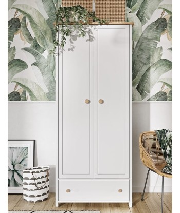 Armoire en bois clair, avec 2 portes et 1 tiroir pour enfants et adolescents, Story 01 Simple, Blanc / Chêne, L85xW52xH186 cm la livraison gratuite