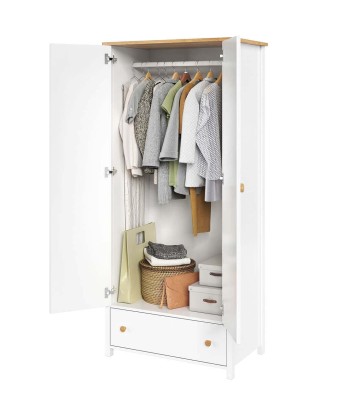 Armoire en bois clair, avec 2 portes et 1 tiroir pour enfants et adolescents, Story 01 Simple, Blanc / Chêne, L85xW52xH186 cm la livraison gratuite