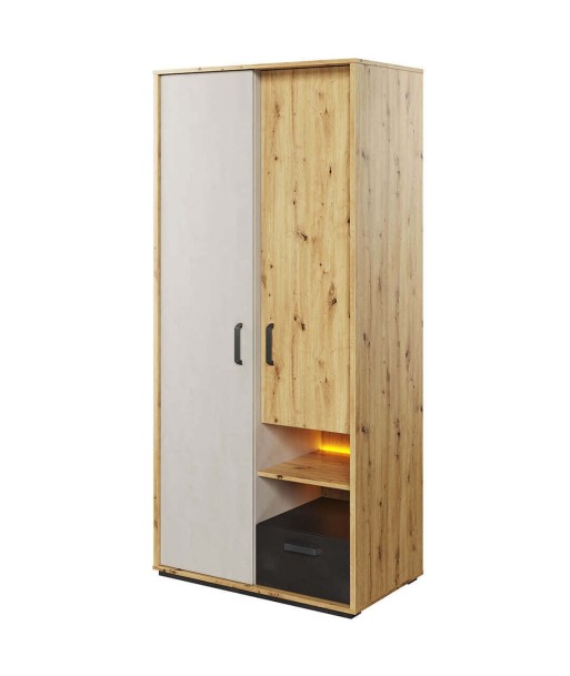 Armoire en bois clair avec 2 portes, 1 tiroir et LED inclus, pour enfants et adolescents, Qubic 03 Medium, Chêne Artisan / Gris / Noir, L90xW52xH195 cm pour bénéficier 